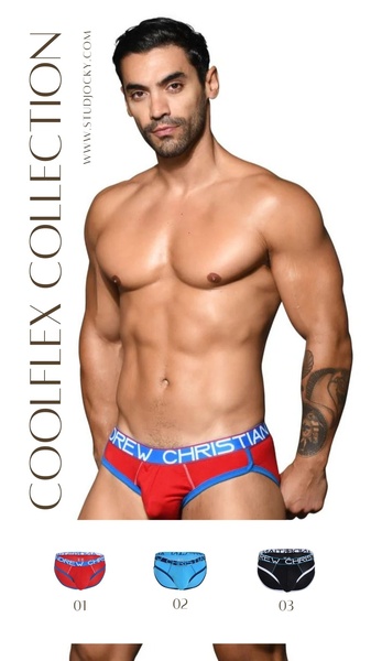 A high-contrast, portrait-ratio ad showcasing the Men's Underwear product on a model with clear collection branding and color variants.